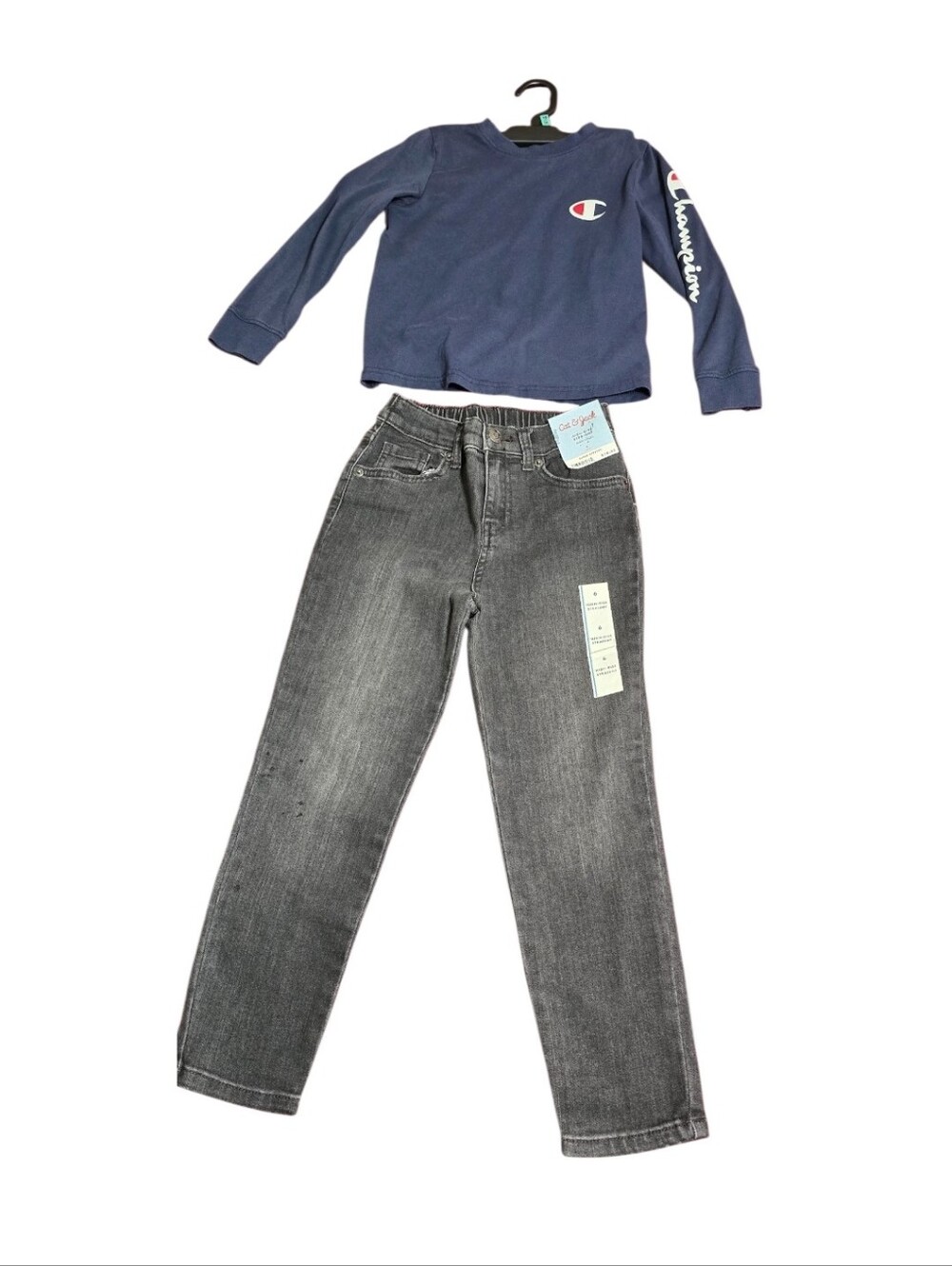 Champion Navy Long-Sleeve Top with Gray Straight Jeans